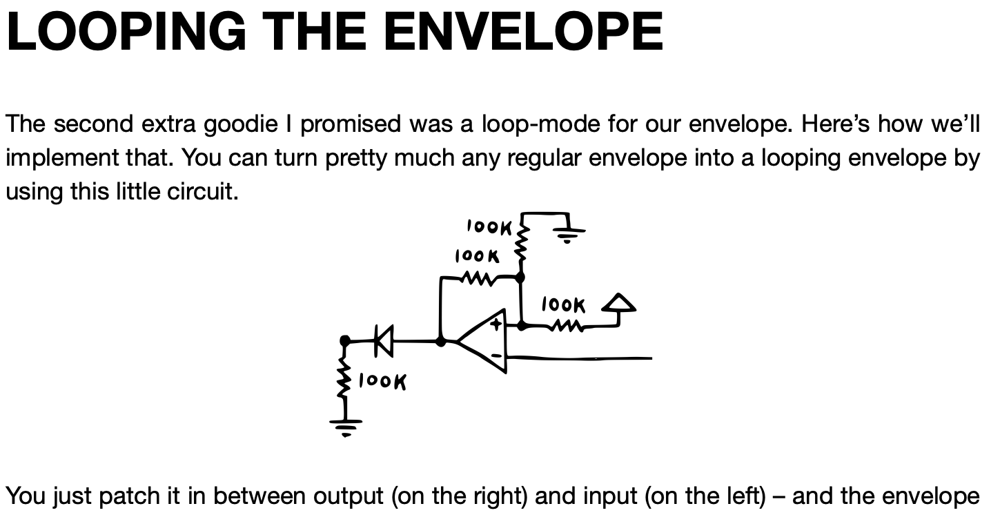 Screenshot of the Looping the Envelope section of the manual, with a looping circuit diagram and the text "You just patch it in between output (on the right) and input (on the left) "