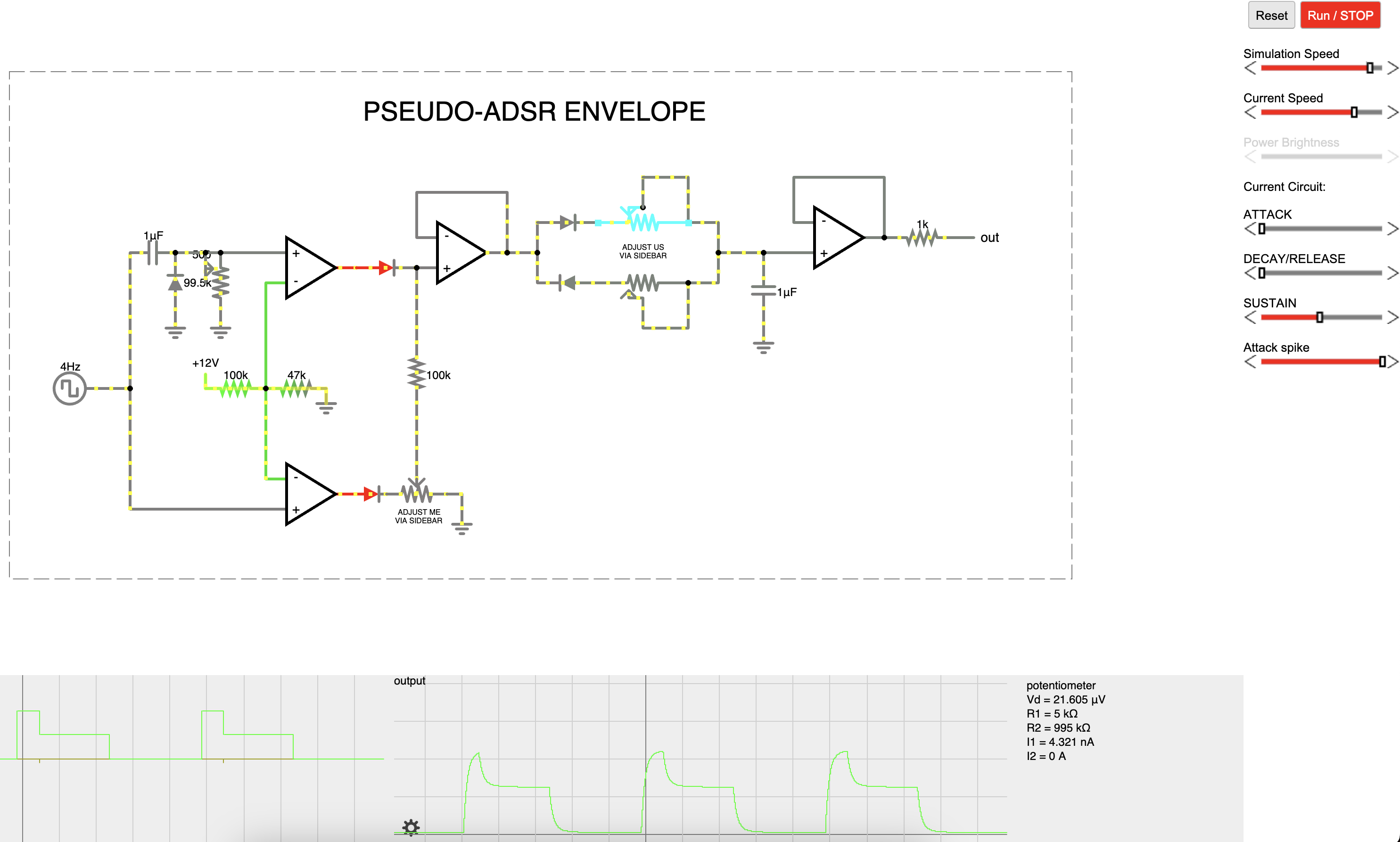 A schematic of the envelope generator in a circuit simulator with the modification described in the text.