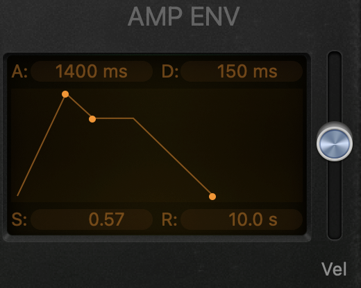 The AMP ENV from Logic Pro. We can see an attack, decay, sustain, and release setting on a visual graph. There is a volume slider to the right.