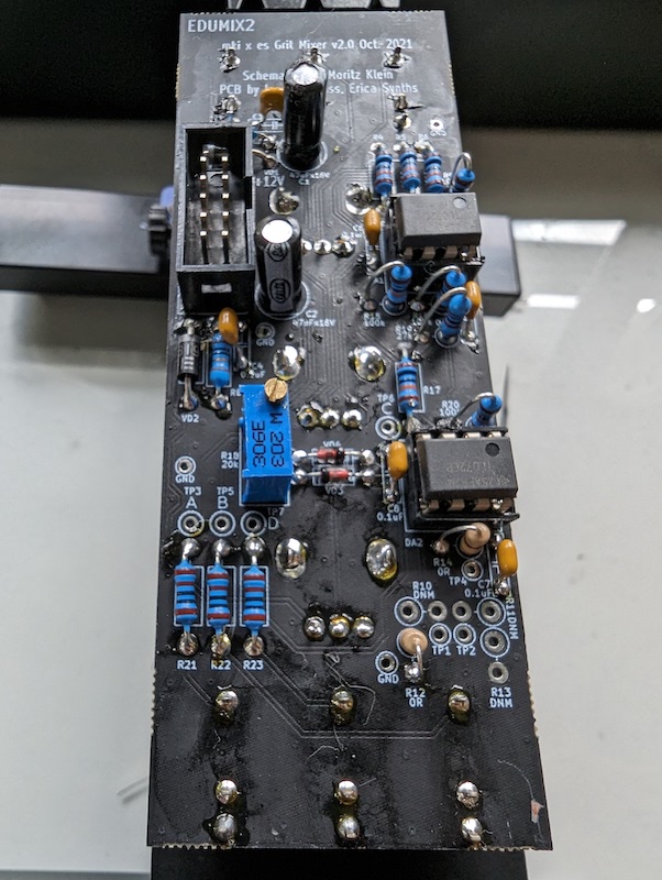 The back of the Mixer module, which is a PC board with two ICS and a number of discrete resistors and capacitors