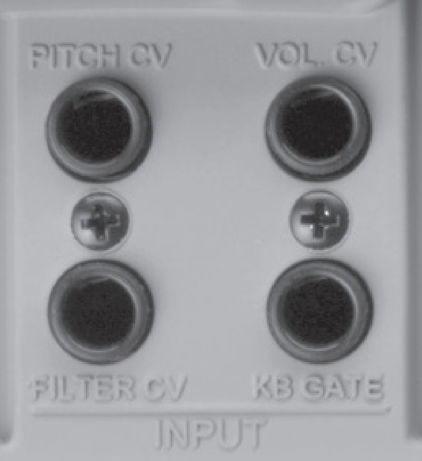 The CV inputs of a Moog Litte Phatty synthesizer, showing Pitch CV, Vol CV, Filter CV, and KB Gate jacks