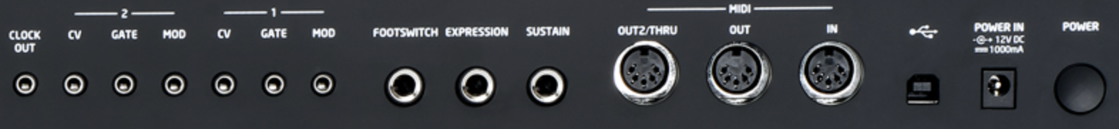 The back panel of a Novation SL MkIII, showing CV, Gate, and Mod outputs