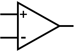 Schematic symbol for an op amp. It's a triangle facing to the right. There are two inputs on the left, one labeled + and one labeled -. The output is on the right and is not labled.