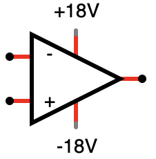 Schematic diagram of an op amp showing +/- 18V power to the circuit as well as the usual + and - inputs