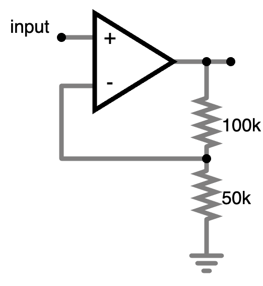 Schematic diagram of an op amp in an amplifier configuration, with the resistors rearranged to make the voltage divider more obvious