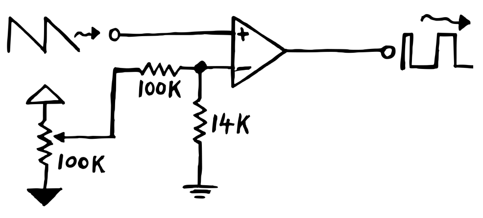 Schematic of op amp in comparitor mode with variable voltage input to inverting input and with PWM waveform on the output