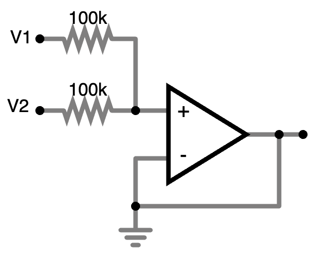 Schematic diagram of an op amp in a non-inverting configuration with two inputs with a 100k resistor on each input