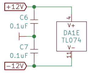 Detail from a schematic showing the power inputs to a TL074 chip