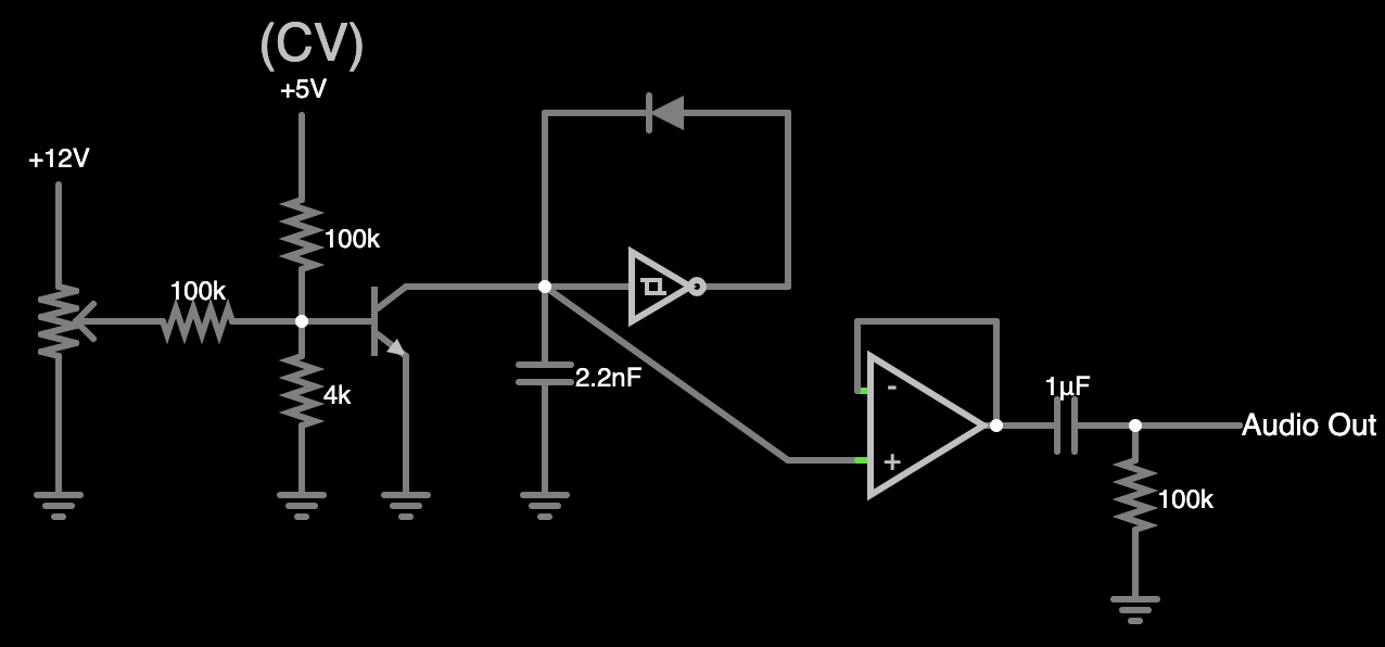 Schematic of VCO core with CV input and potentiometer for pitch control