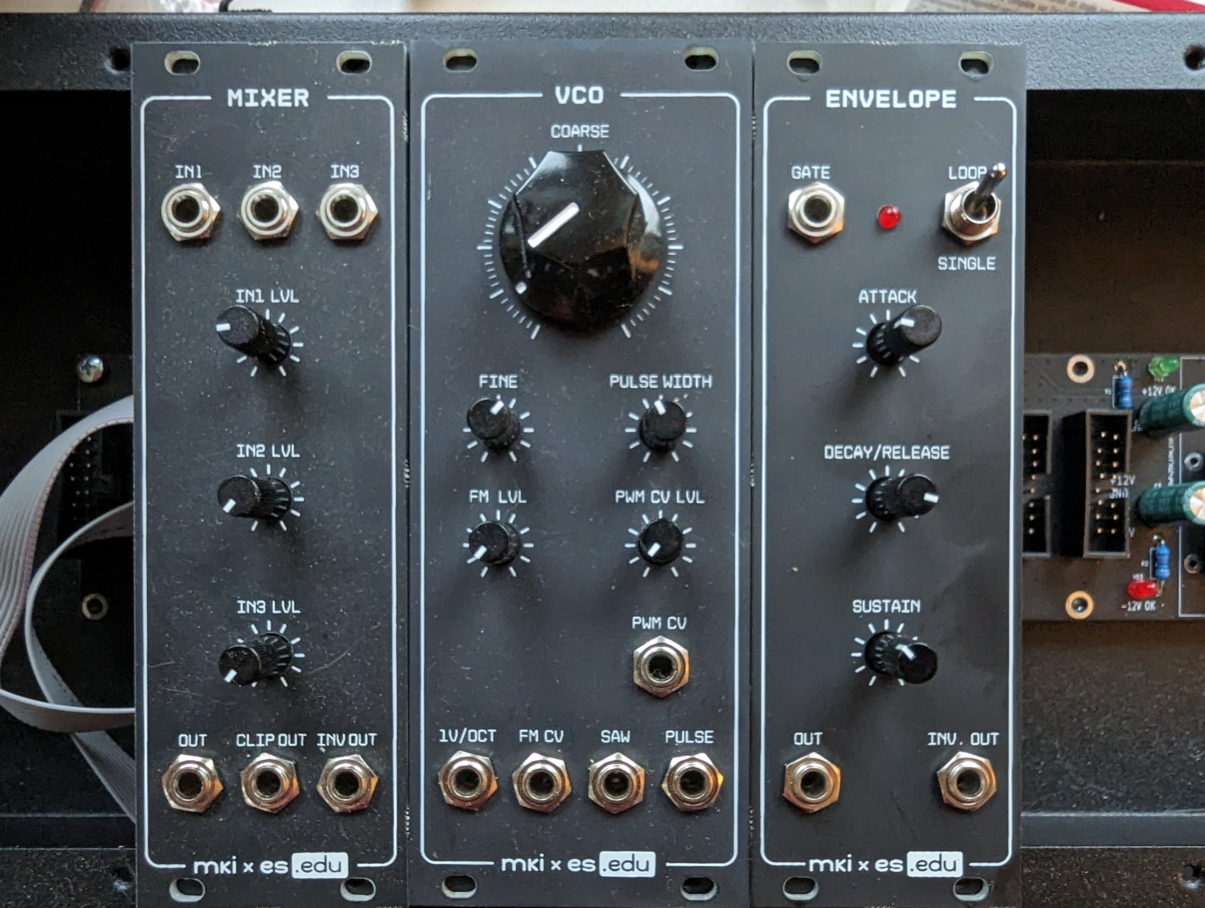 The Mixer, the VCO, and the EG, sitting side by side in the rack