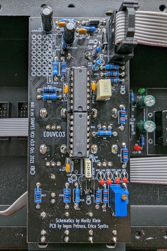 The back of the VCO, which is a PC board with two ICS and a number of discrete resistors and capacitors