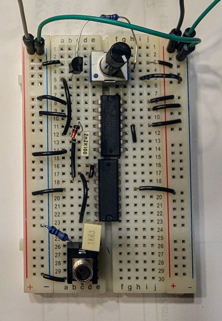 A breadboard with the VCO circuit on it.
